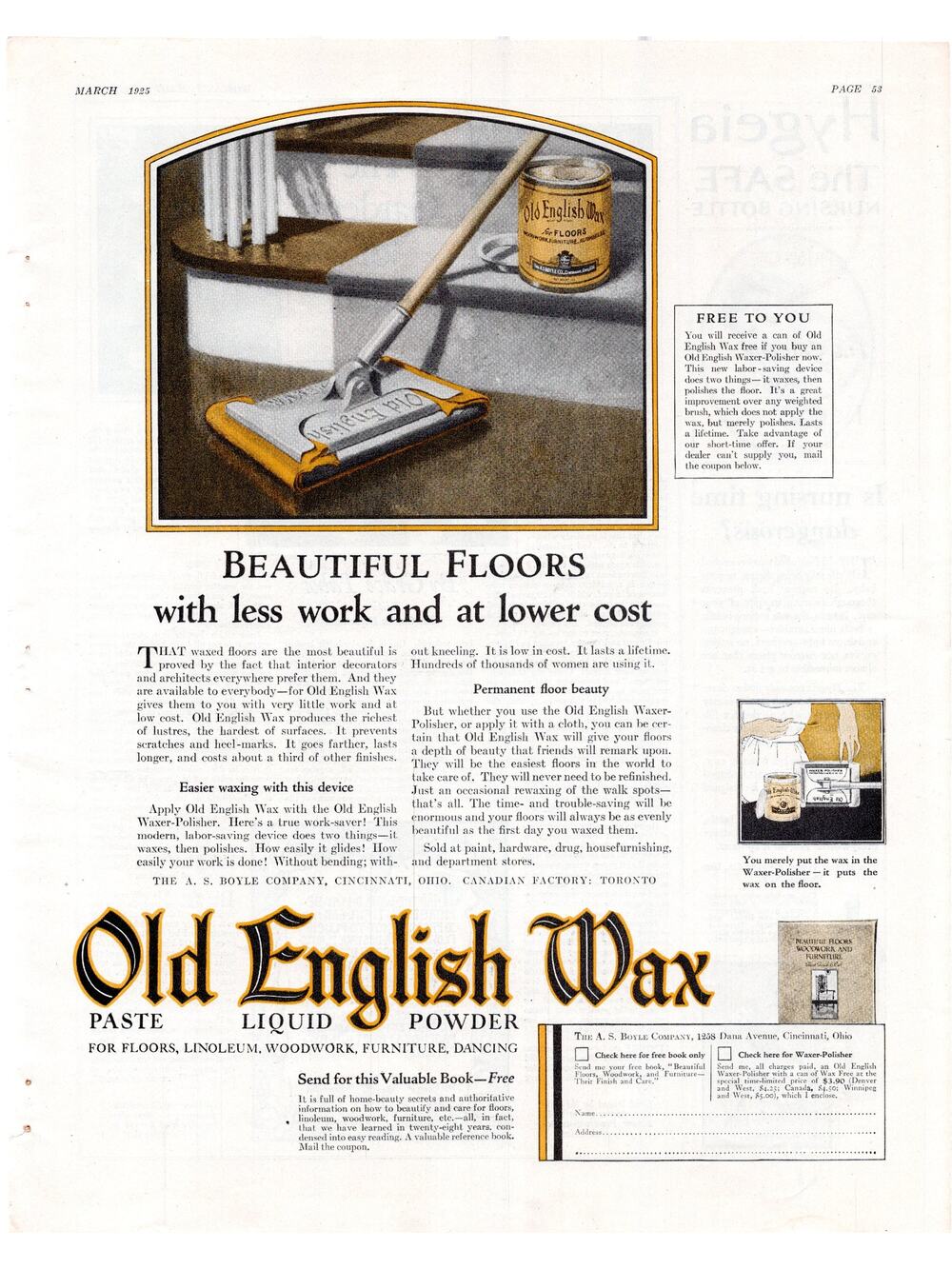 Old English Floor Wax Advertisement 1925 Vintage Two Color Home Housewife Mop